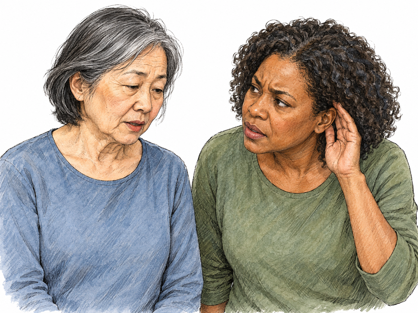 An older woman speaks with barely parted lips and lowered eyes while a nearby listener leans closer and cups an ear, trying to catch her quiet, unclear words.