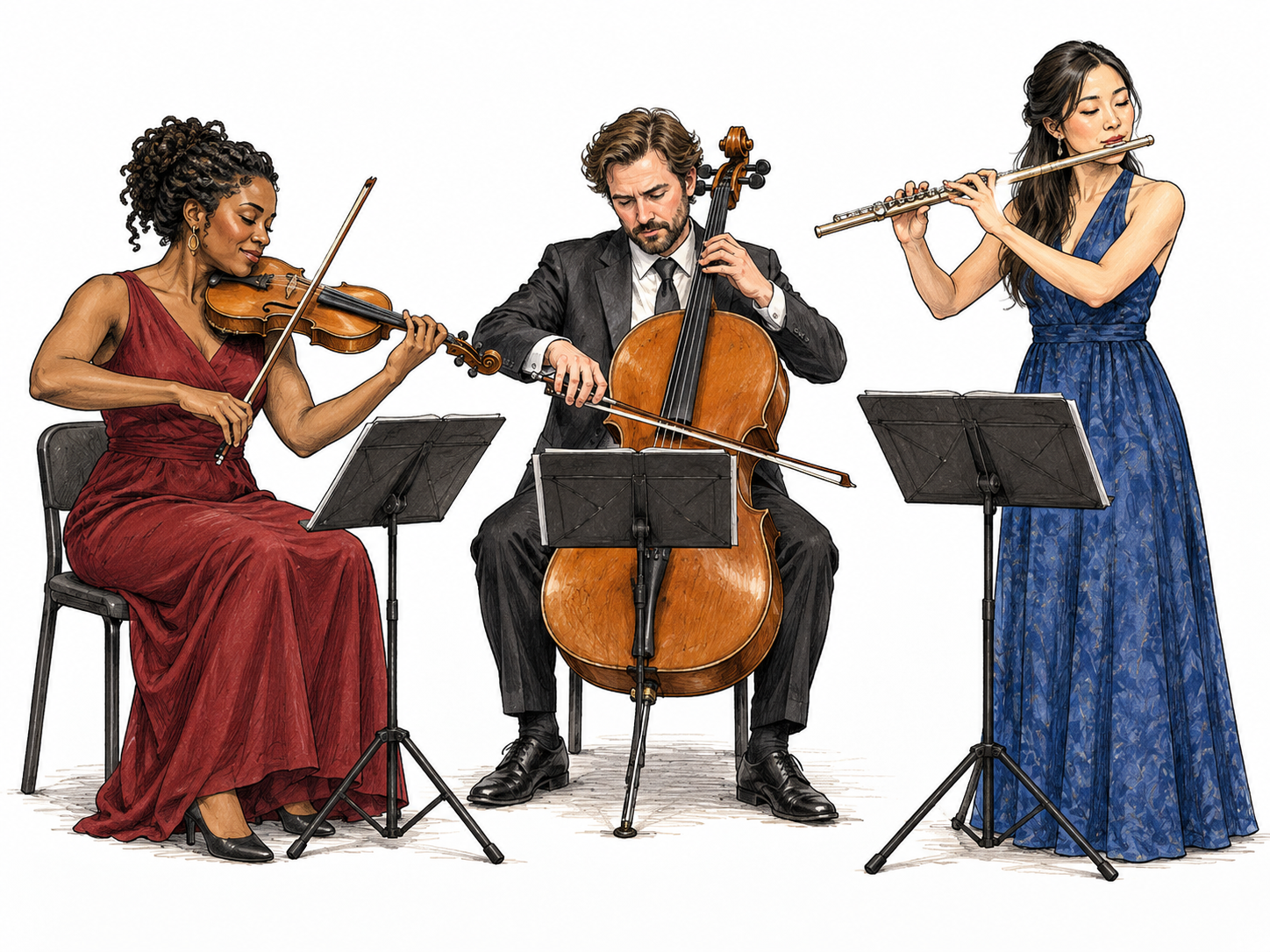 Exactly three adult musicians perform together as a small trio, with no other people in the scene.