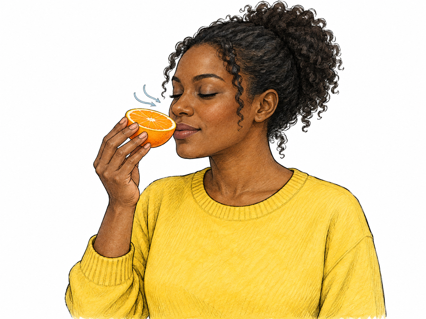 An adult brings a cut orange near the nose and inhales gently to smell it; closed mouth, natural pose and small functional air strokes.