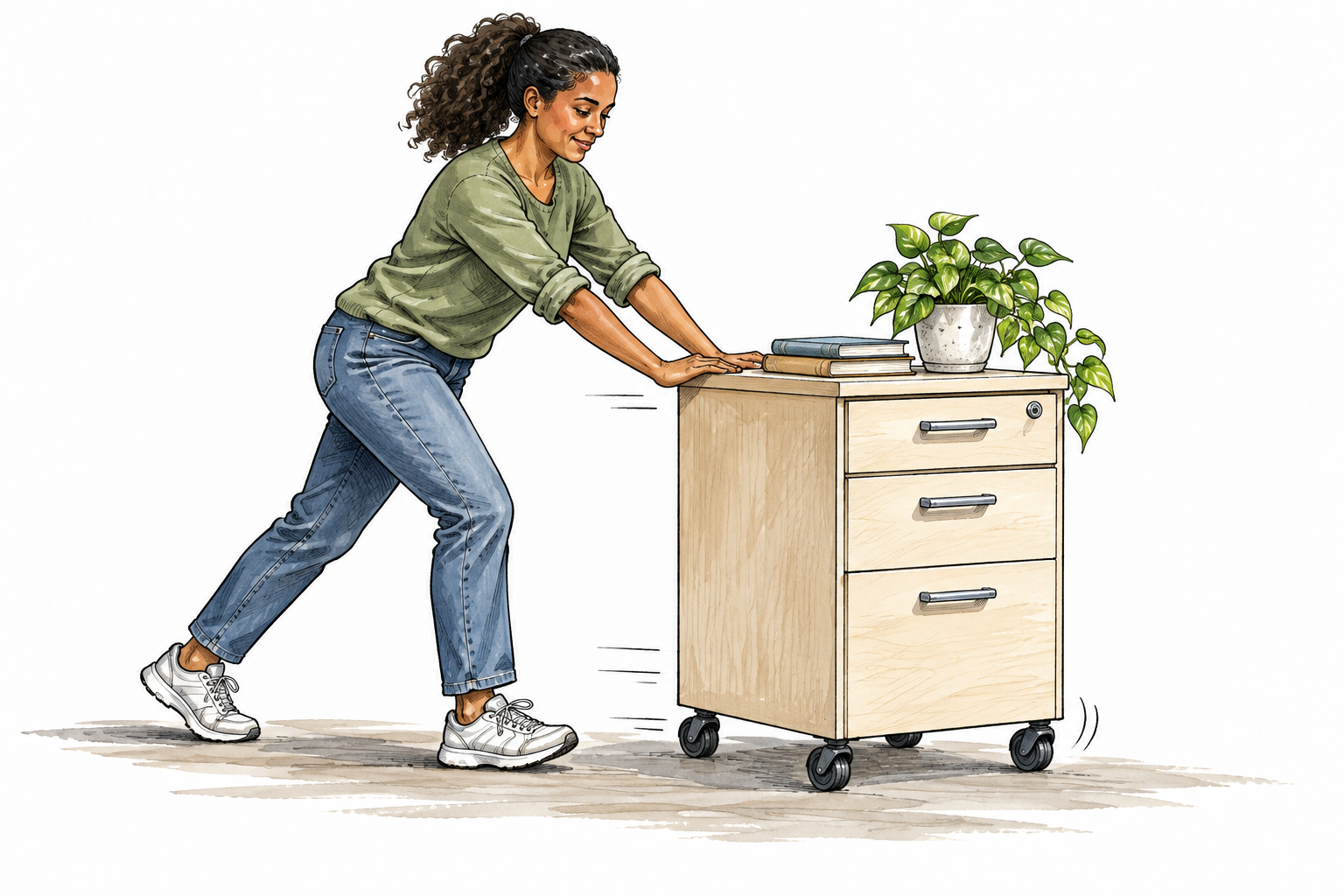 A light rolling cabinet is easily moved on four casters by an adult.