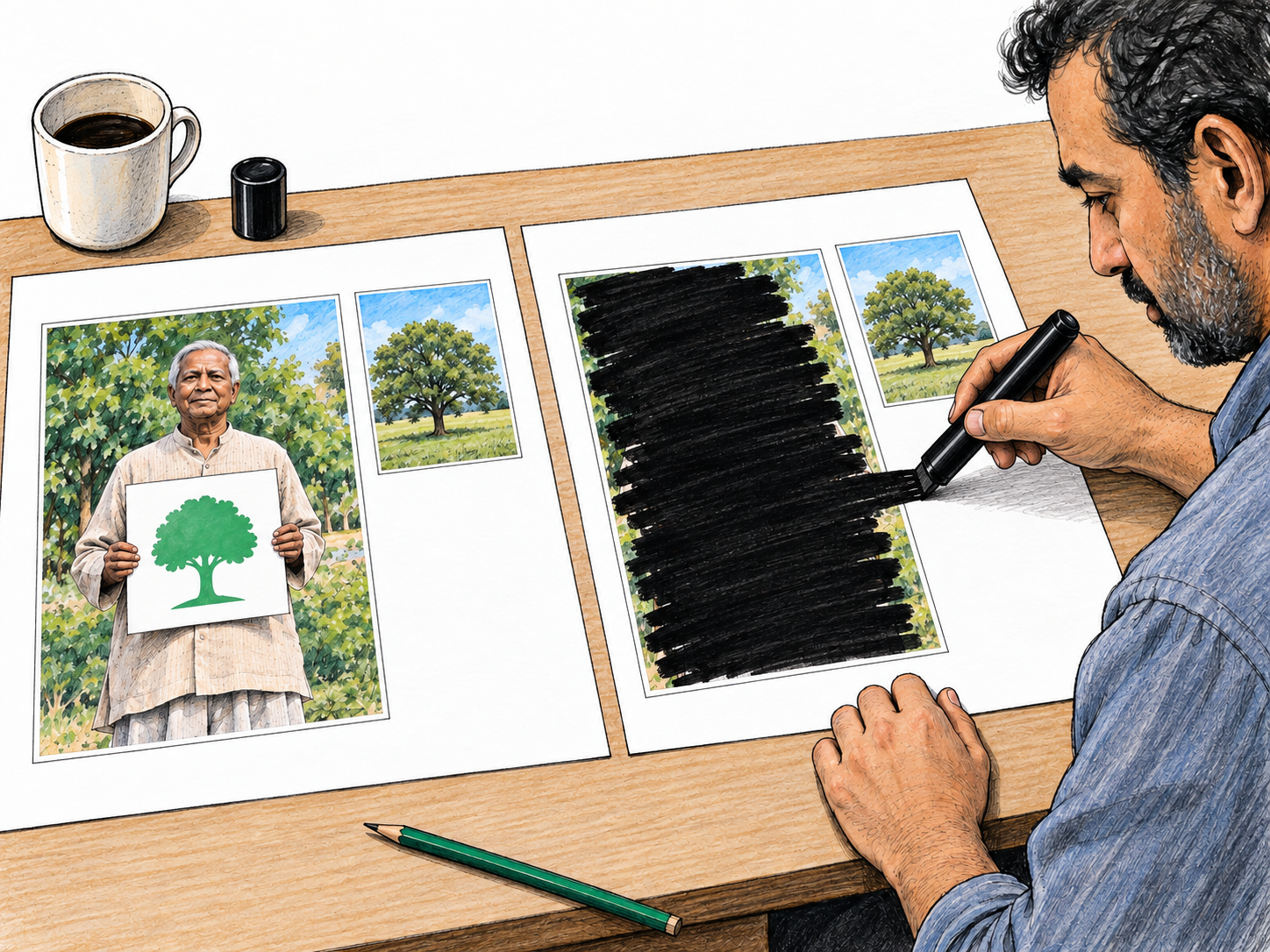 An editor censors a publication by deliberately blacking out an entire photograph of a peaceful environmental demonstration while leaving the neighboring nature photograph intact.