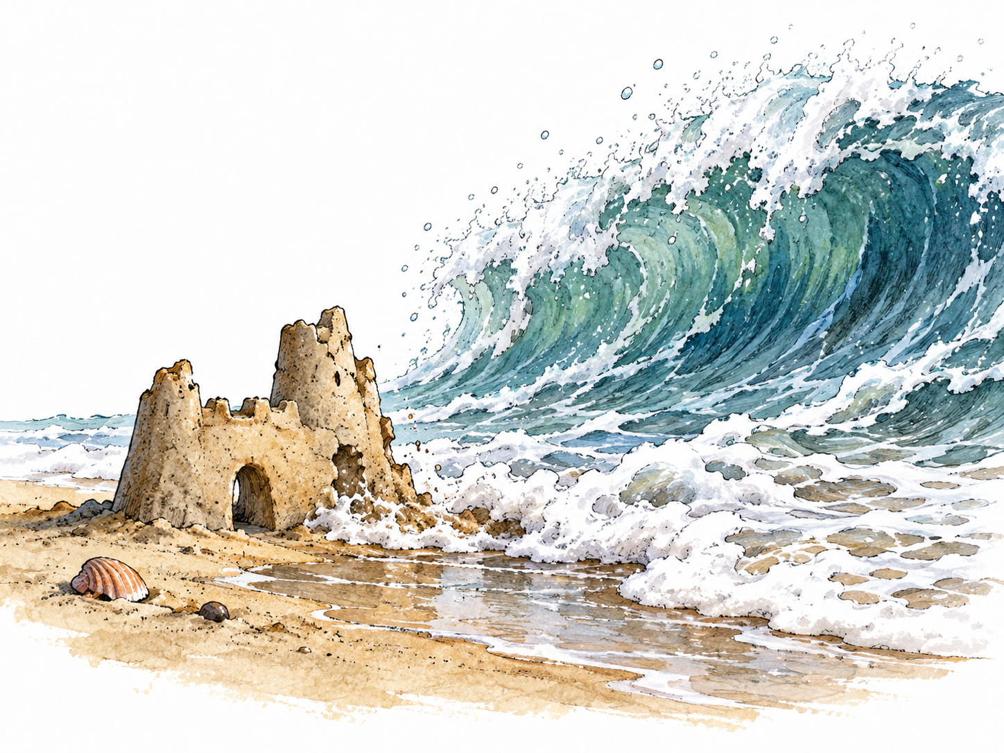 A small abandoned sandcastle on a beach faces an immense incoming tide, first waves already eroding its base and no escape from destruction, ominous but non-graphic inevitable ruin.