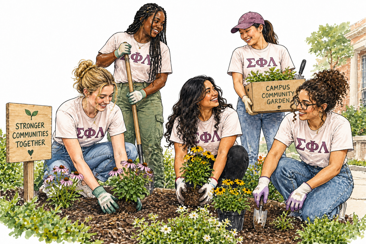 Diverse adult women college students collaborate on a community service project as a sorority group.