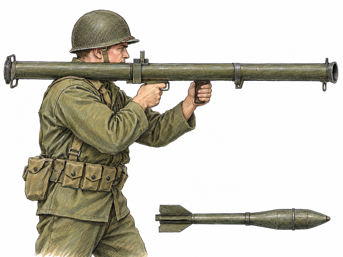 A World War II-era American soldier holding a recognizable bazooka on his shoulder, shown in clear side view with the entire launcher visible and a matching rocket displayed separately below.