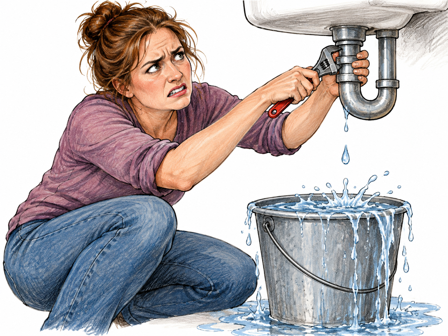 An annoyed woman tries to fix a leaking tap just as a second drip begins splashing into the overflowing bucket, expression showing a problem becoming worse; only sink fragment and bucket.