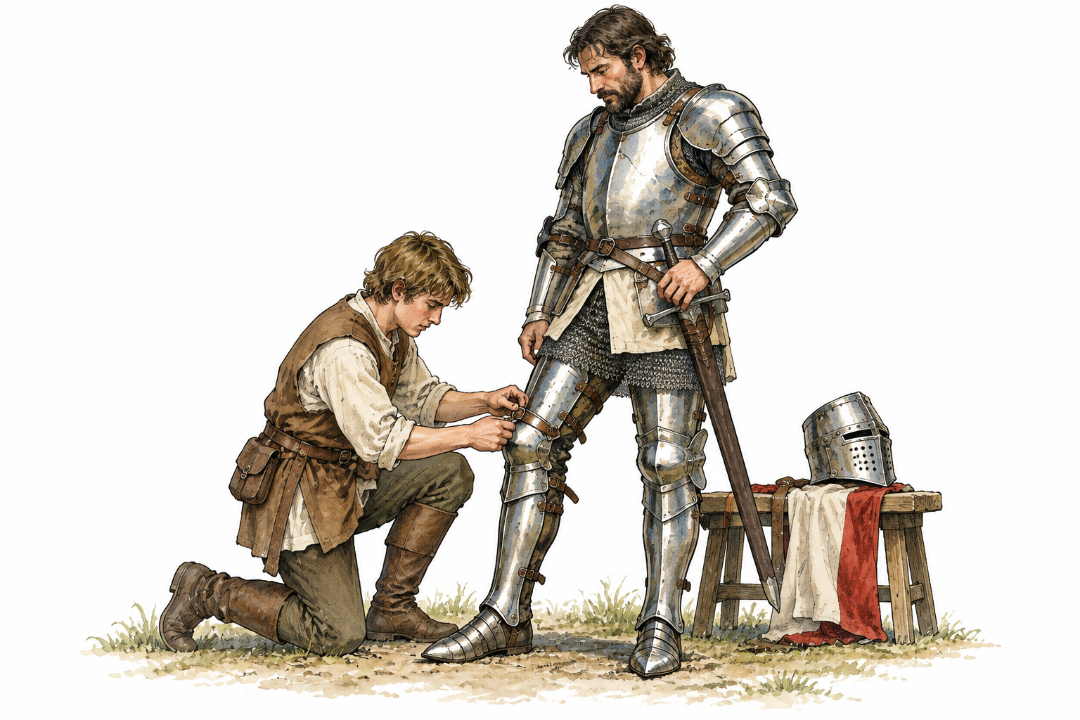 A young adult medieval knight's attendant helping an armored knight fasten a piece of armor, realistic historical scene.