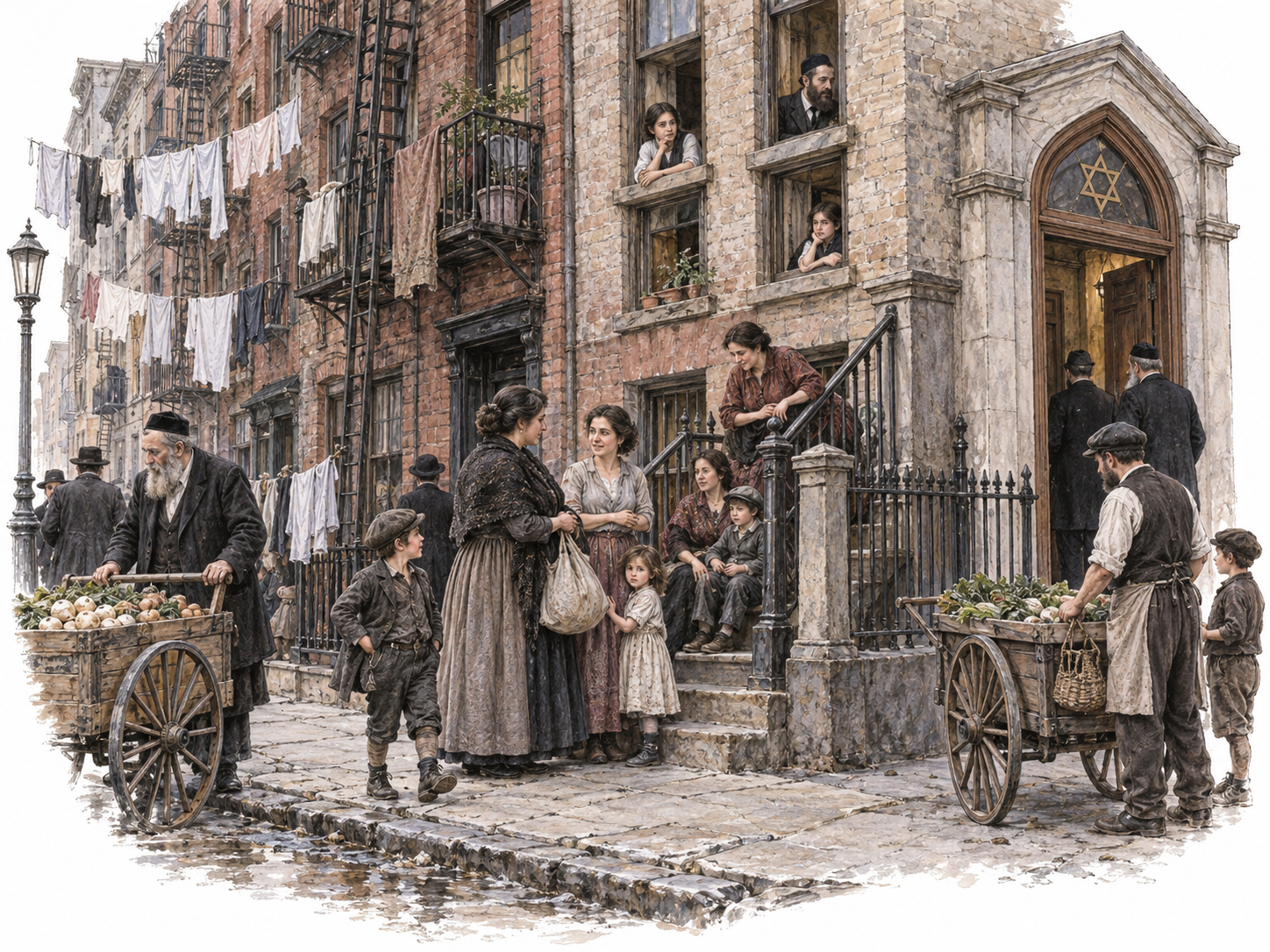 An overcrowded poor Jewish immigrant street in the early1900s Lower East Side.