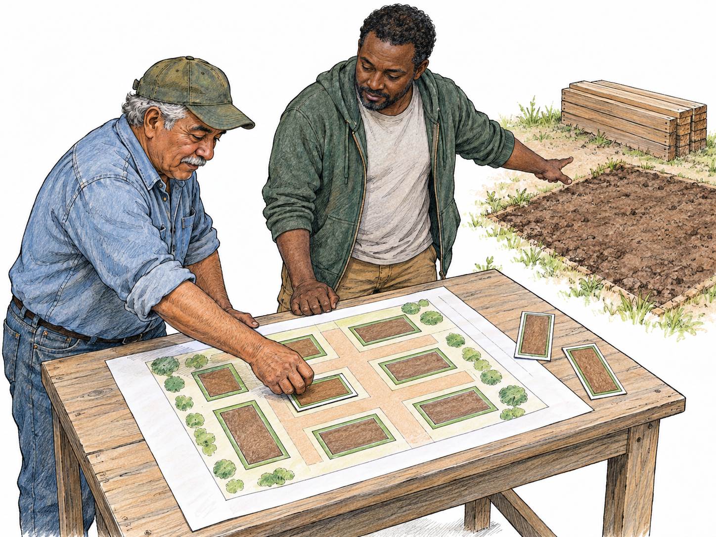 A concrete scheme for arranging a community garden: two organizers coordinate a drawn layout with movable plot pieces and the empty garden space beyond.