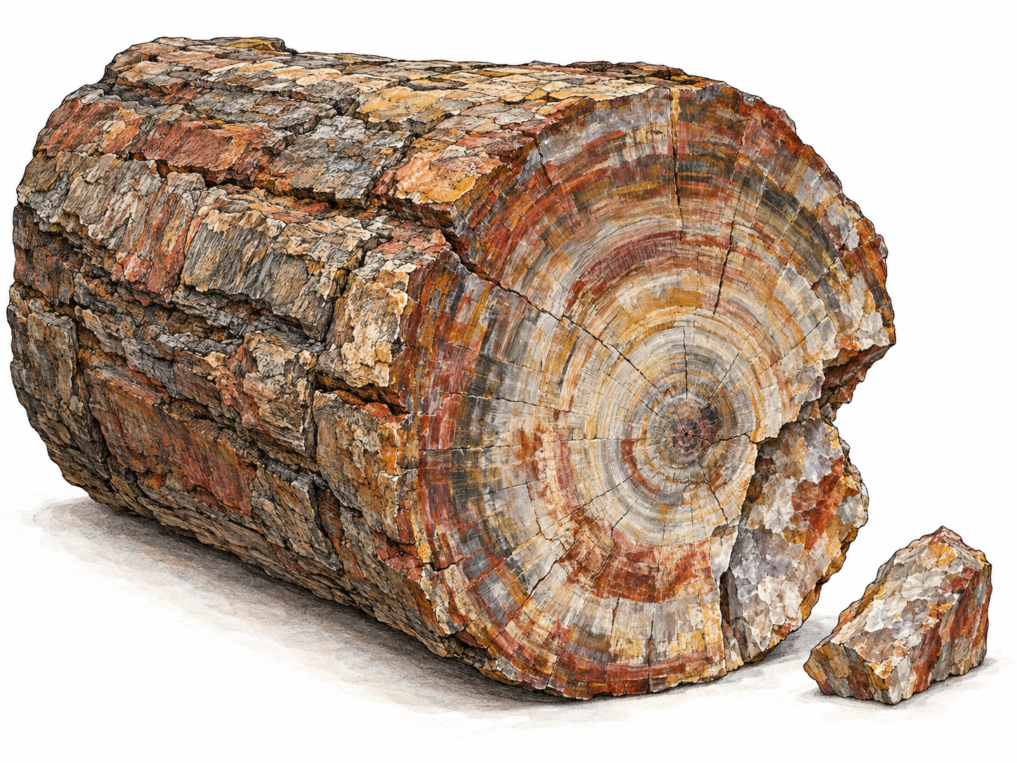 A broken section of petrified wood: its recognizable trunk shape, bark relief, and growth rings are preserved in visibly mineralized stone.