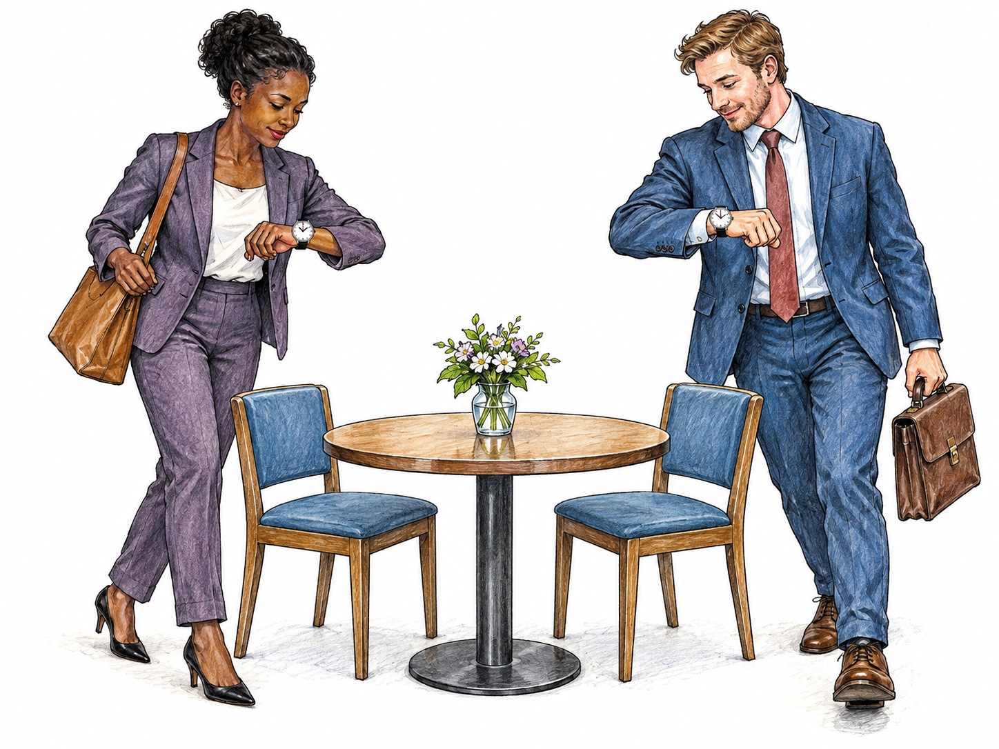 Two people independently reach a small meeting table at the very same instant, their watches held visibly at identical unnumbered analog-hand positions; one small chair on each side.
