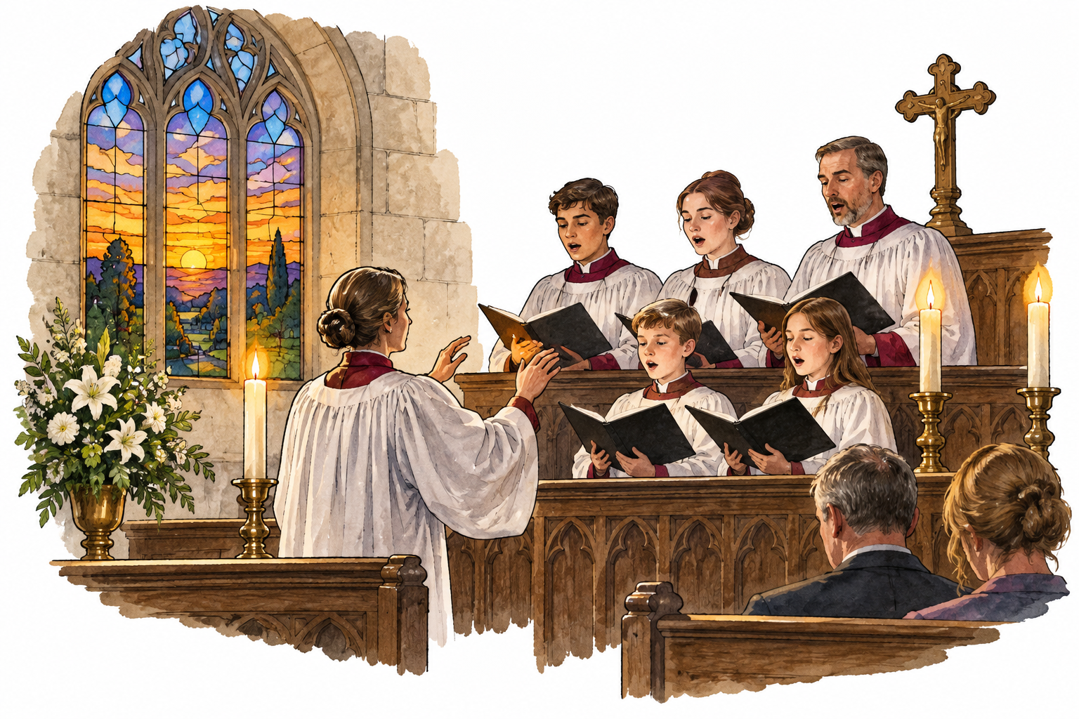 A small church choir sings at evening with sunset through stained glass, candles and quiet worship.