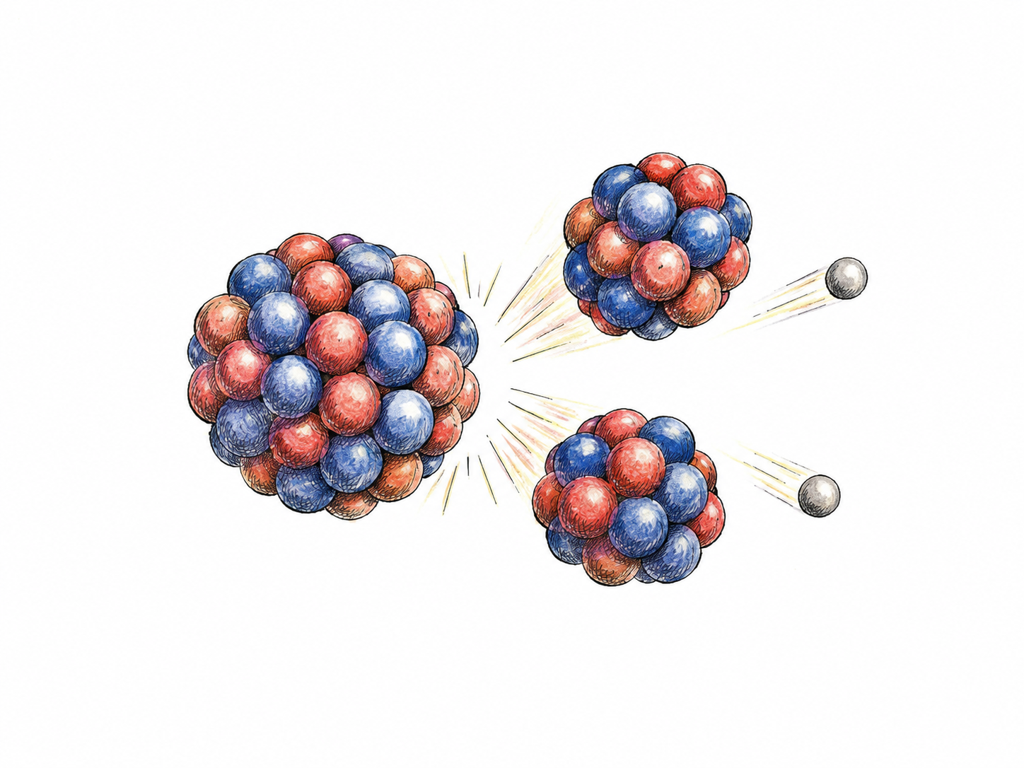 Conceptual physics vignette shows one atomic nucleus separating into exactly two smaller clusters of red and blue spheres with a small gap opening between them, two tiny neutral spheres departing; no apparatus, formula, weapon or chain reaction.