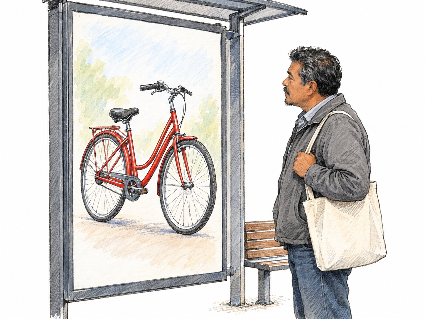 Close view of a bus shelter’s upright advertising panel displaying a large inviting picture of a red bicycle, with a commuter standing beside it looking at the bicycle image.