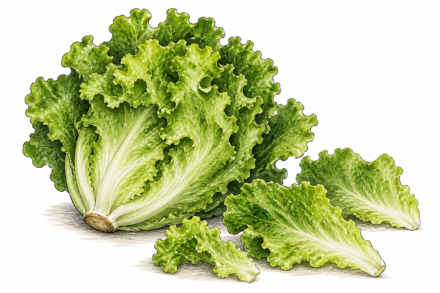 Fresh head of green leaf lettuce with several loose leaves, botanical food illustration.