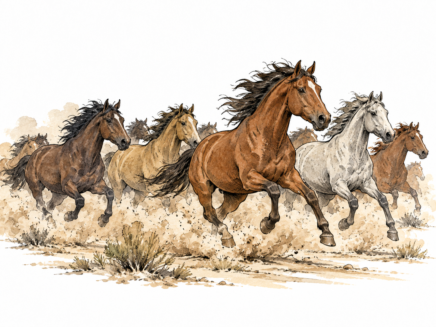A herd of horses suddenly rushes together across a dusty plain, frightened motion, no fallen animals.