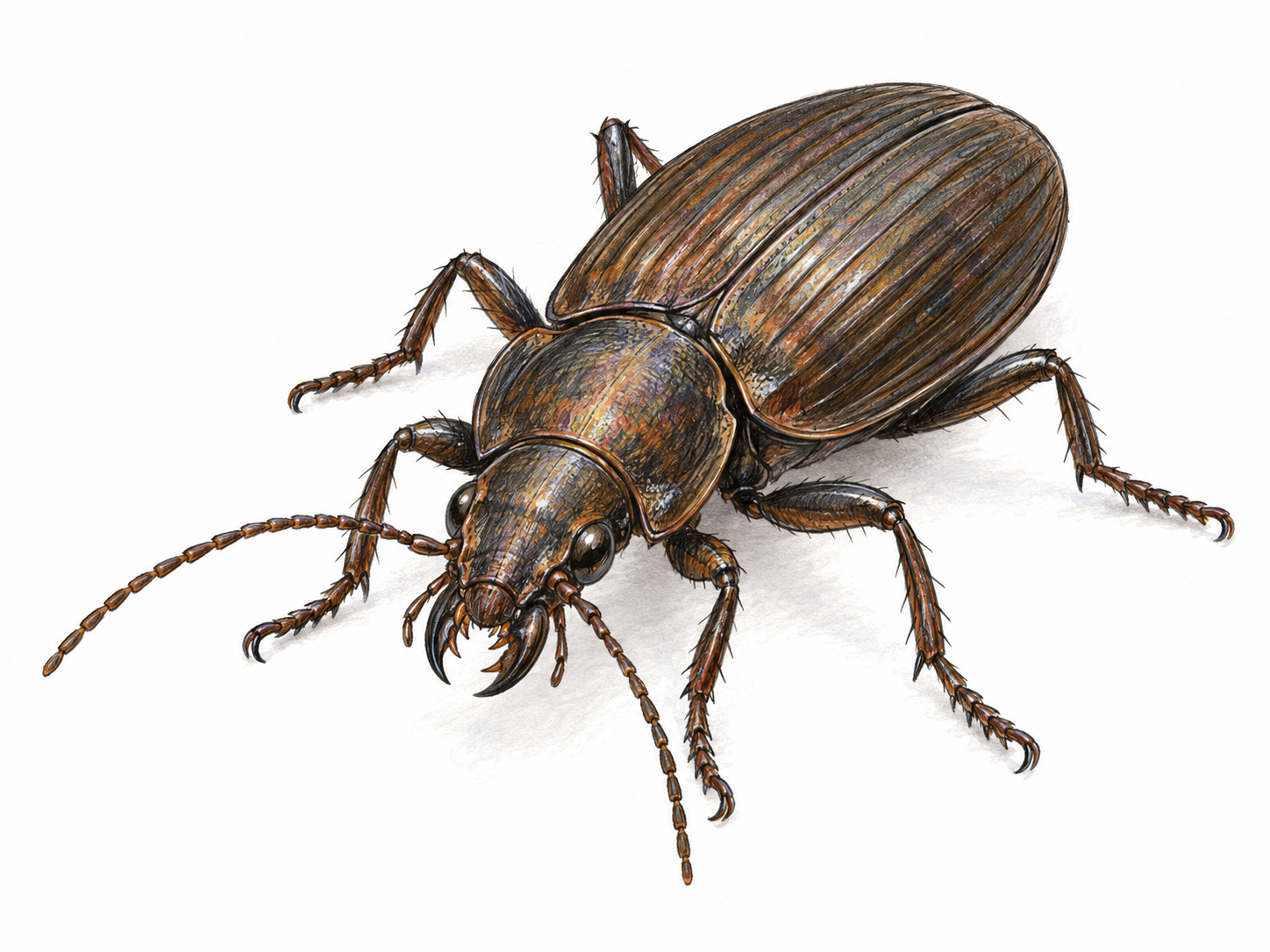 A close, three-quarter view of a single ground beetle, showing its rigid paired wing covers, six jointed legs, antennae, and visible biting mandibles.