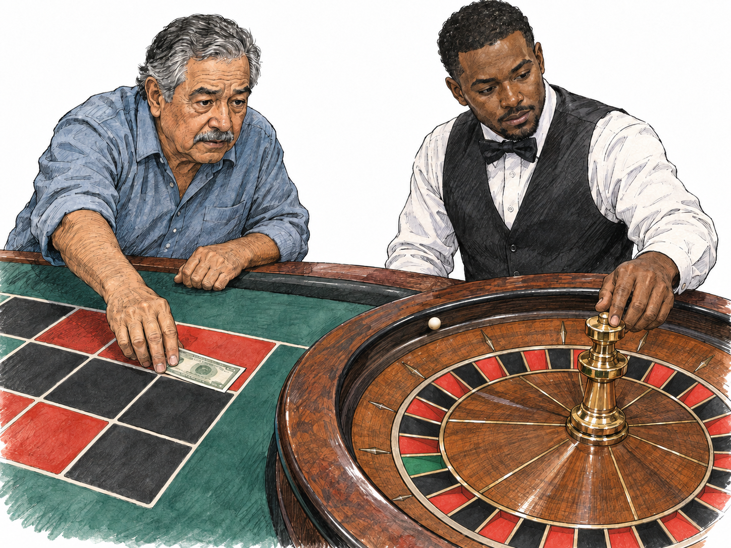 An older man places a banknote on the red betting area beside a roulette wheel while a young adult dealer spins the wheel; the ball has not settled, making the monetary stake and uncertain result visible together.