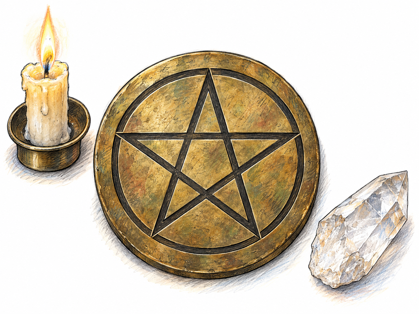 A ritual medallion prominently engraved with a five-pointed star inside a circle, beside a small burning candle and quartz crystal.