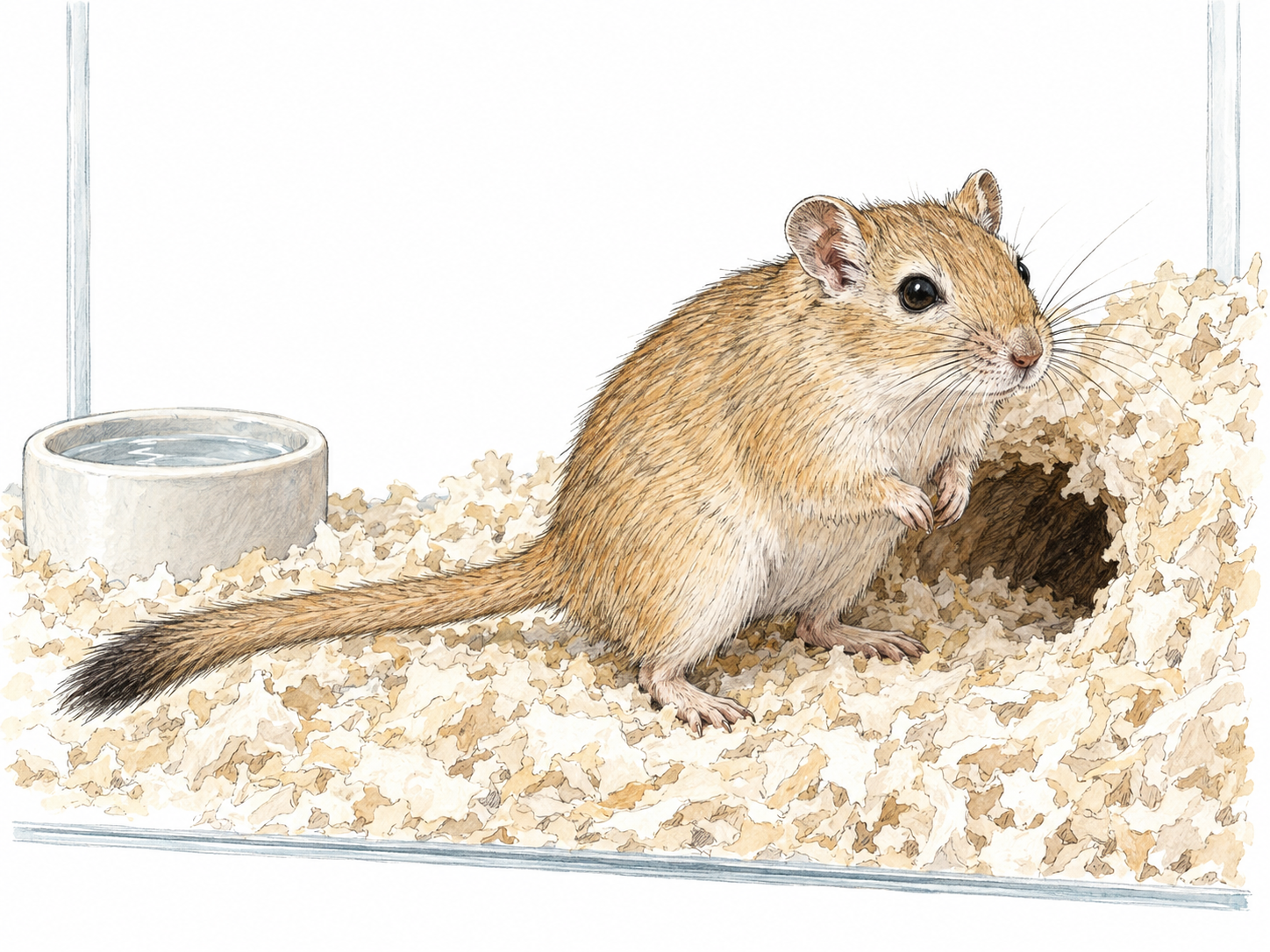 A single pet gerbil at the entrance of a burrow in deep bedding inside a simple glass habitat, with its long fur-covered tail and characteristic rodent anatomy clearly visible.