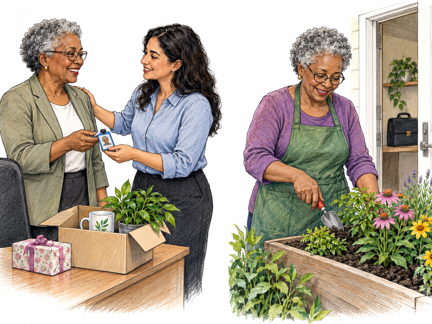 An older office worker ends her working life: a compact two-scene sequence pairs a warm workplace send-off and surrender of her badge with the same woman enjoying gardening at home, her office briefcase put away.