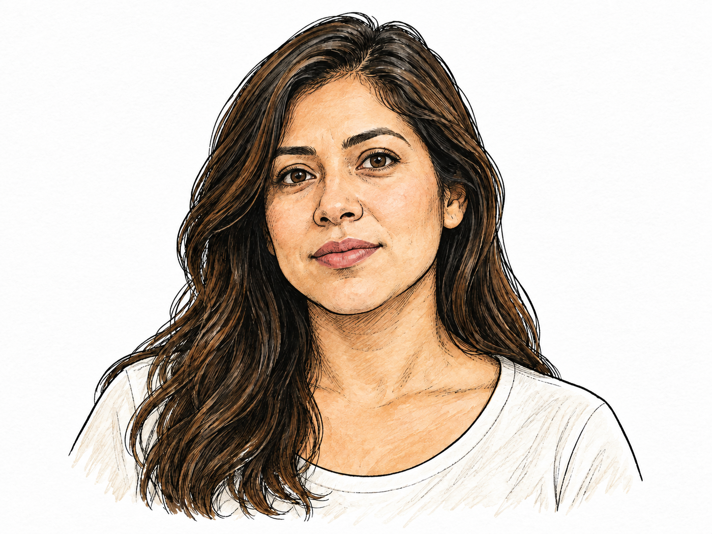A modern adult woman shown head-and-shoulders with natural dark-brown hair clearly visible, neutral expression and white background.