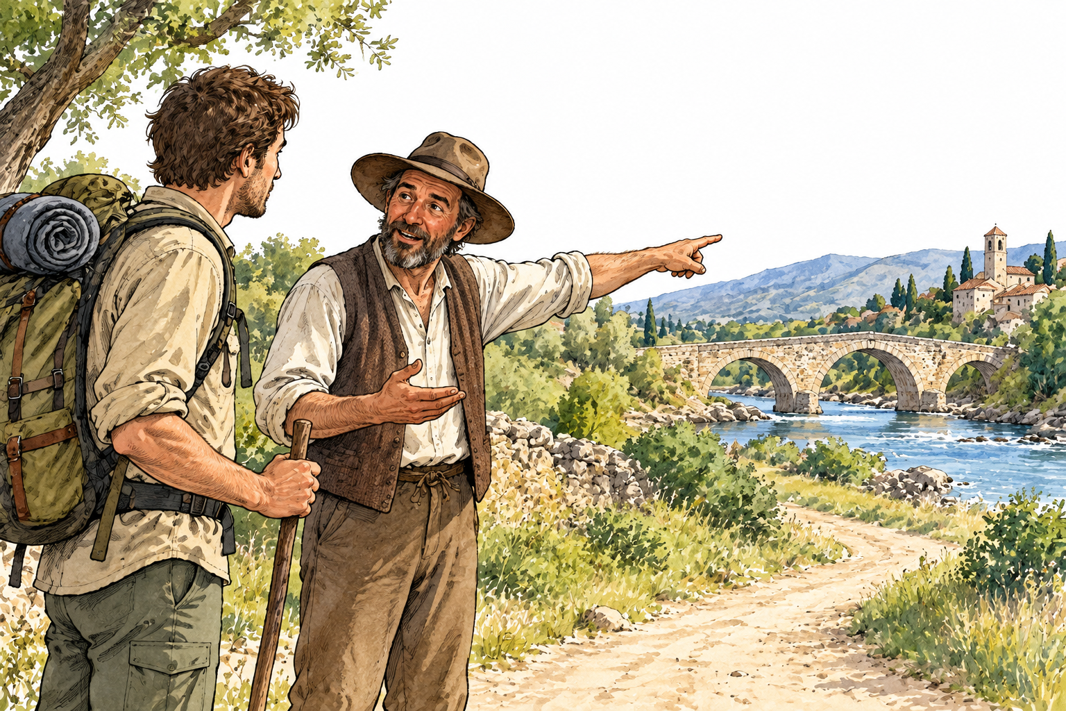 A person gives spoken directions to a traveler by pointing toward a distant bridge, clear communication.