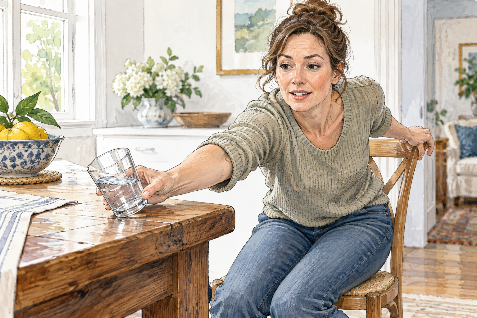 An adult catches a tipping glass just before it falls off a table, timely prevention of an accident, natural hands.