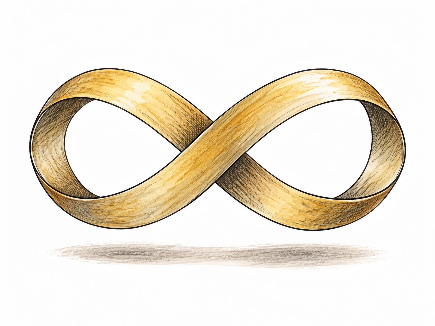 A clean single infinity loop built from a continuous narrow ribbon, with no visible endpoints, suspended over white paper with lightly washed shadow.