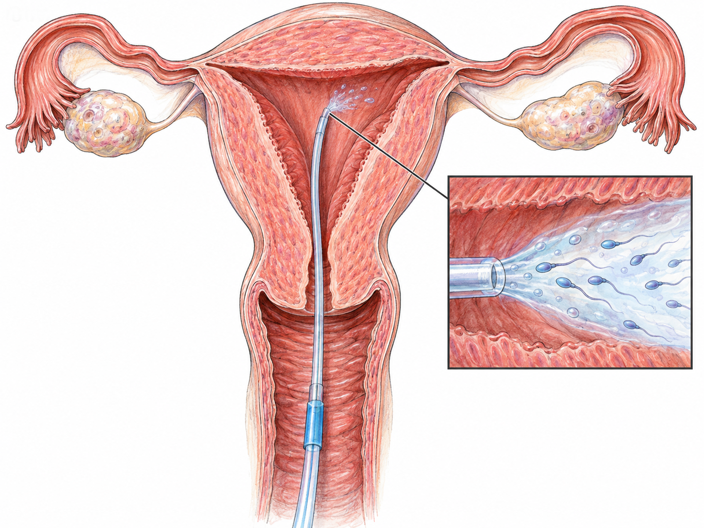 A clinical cutaway of a female reproductive tract shows an insemination catheter passing through the cervix and releasing semen into the uterine cavity, with a small magnified detail making the sperm-containing fluid identifiable.