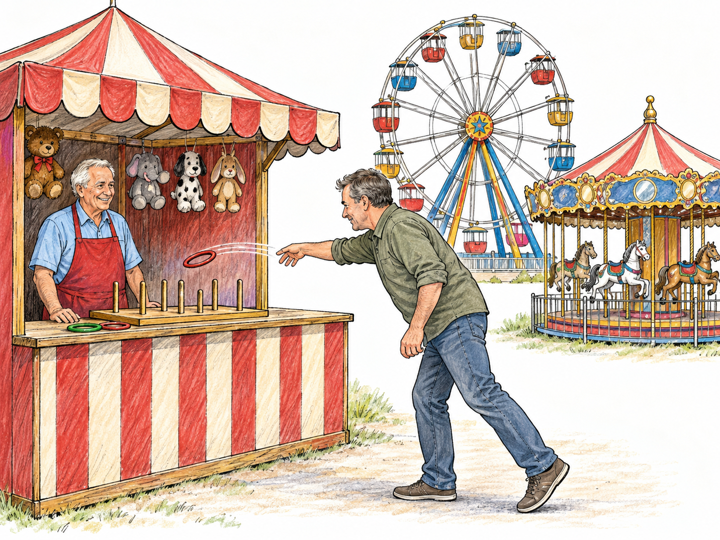 A compact outdoor carnival: a visitor throws a ring at a striped game booth while its attendant watches, with a Ferris wheel and a small carousel nearby.