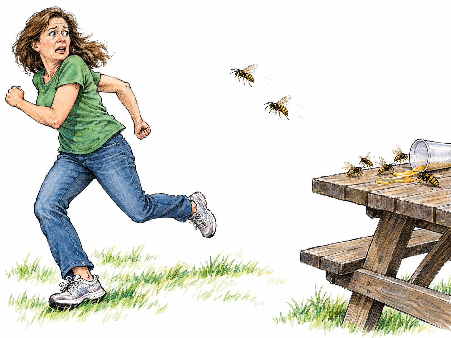 A woman hastily runs away from an overturned picnic drink and the wasps swarming around it, glancing back while putting clear distance between herself and the trouble.
