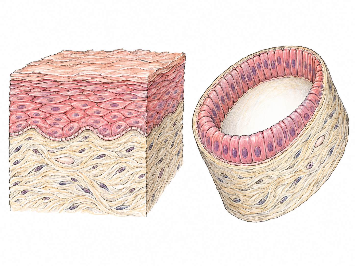 Two complementary anatomical tissue cutaways show epithelium as a continuous cellular covering: a layered sheet at an exposed skin surface and a single-cell lining around a hollow internal tube.