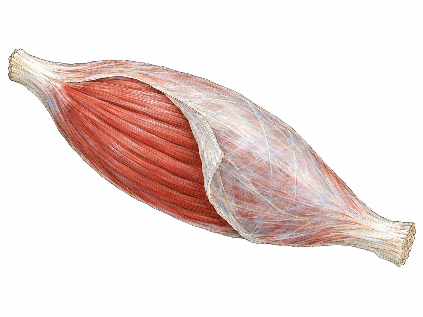 An isolated anatomical cutaway of a skeletal muscle shows a broad, thin, pearly connective-tissue sheath enveloping the red muscle belly, with one edge gently reflected to reveal the muscle fibers beneath.