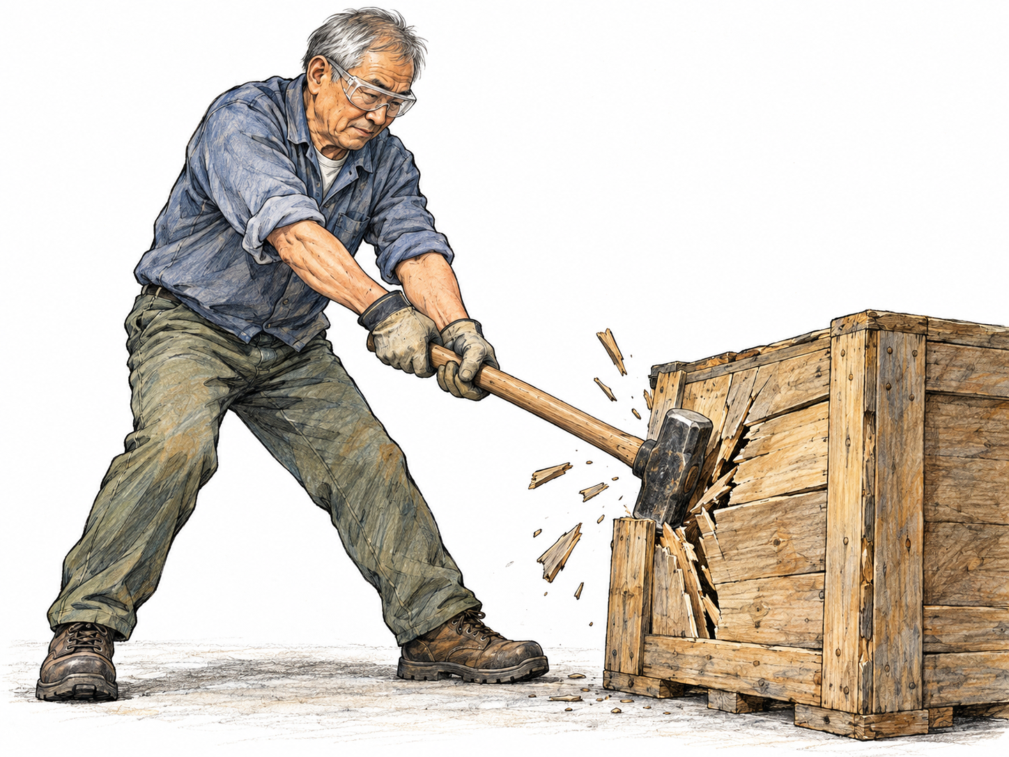 An older man bashes a damaged wooden crate with a sledgehammer, shown at the forceful moment of impact as a board splits and a few splinters fly.