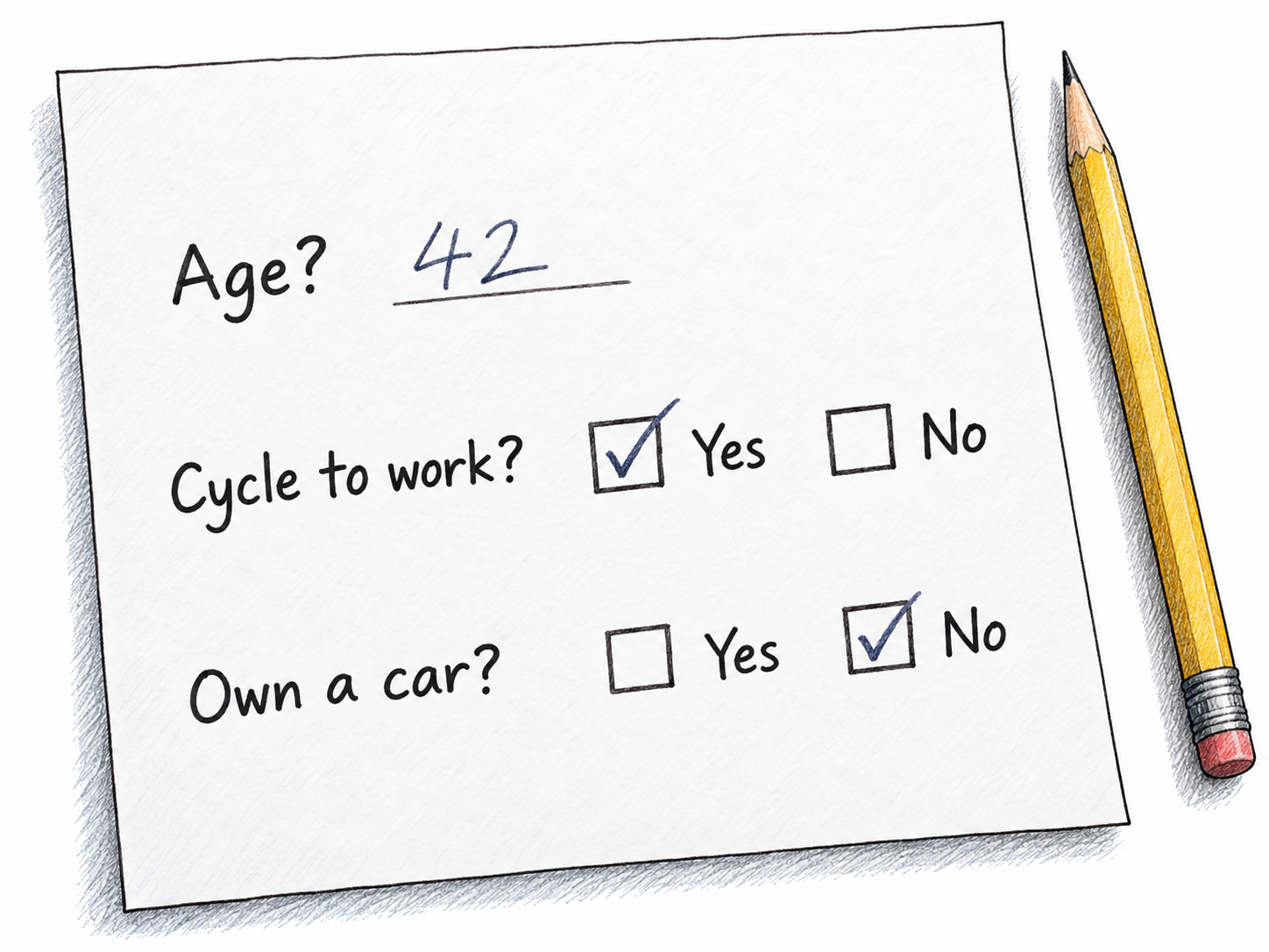 A close, readable view of a paper questionnaire with three short information-gathering questions, response checkboxes, and one handwritten answer.