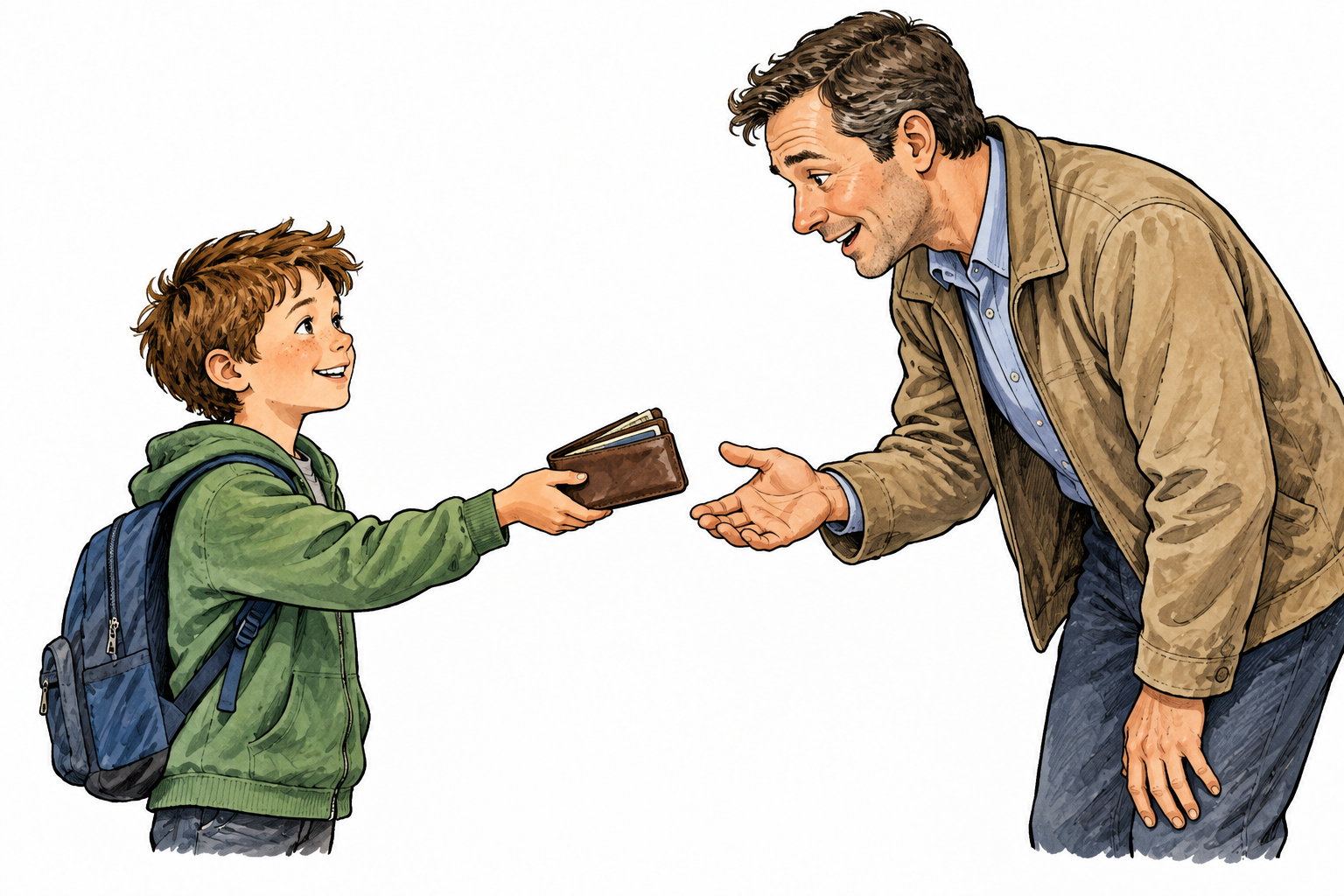 A child returns a found wallet to its owner rather than keeping it, clear honest choice.