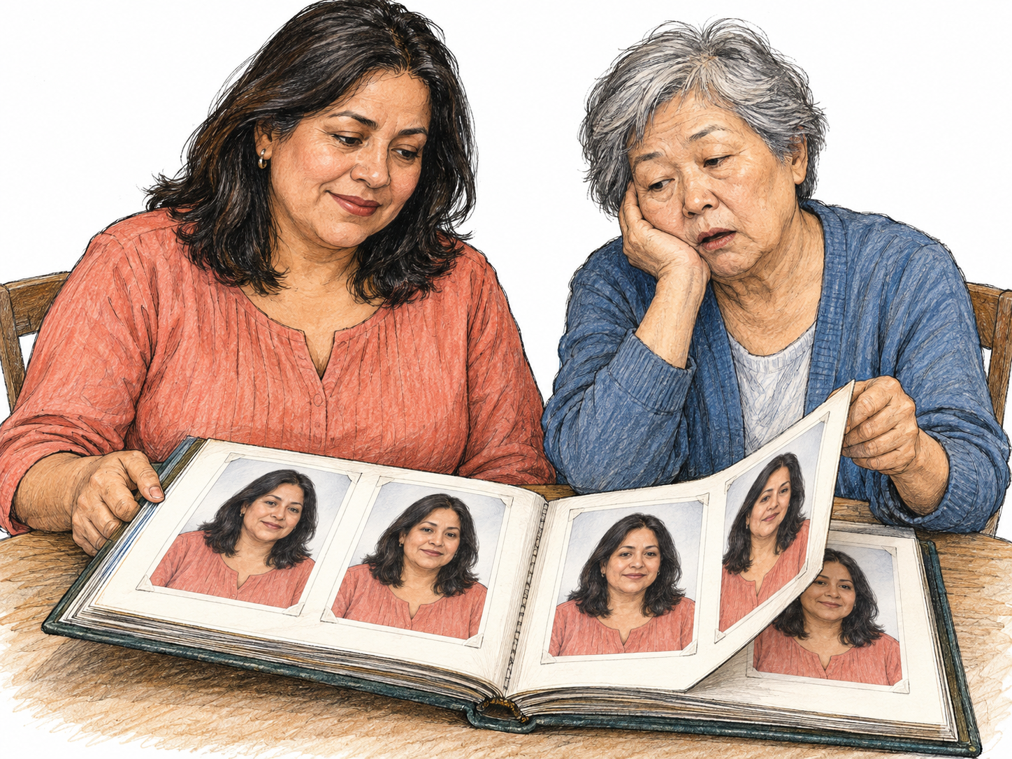 Vapid visual content: a glossy photo album offers page after page of the same empty, mechanically cheerful pose, while its viewer visibly loses interest.