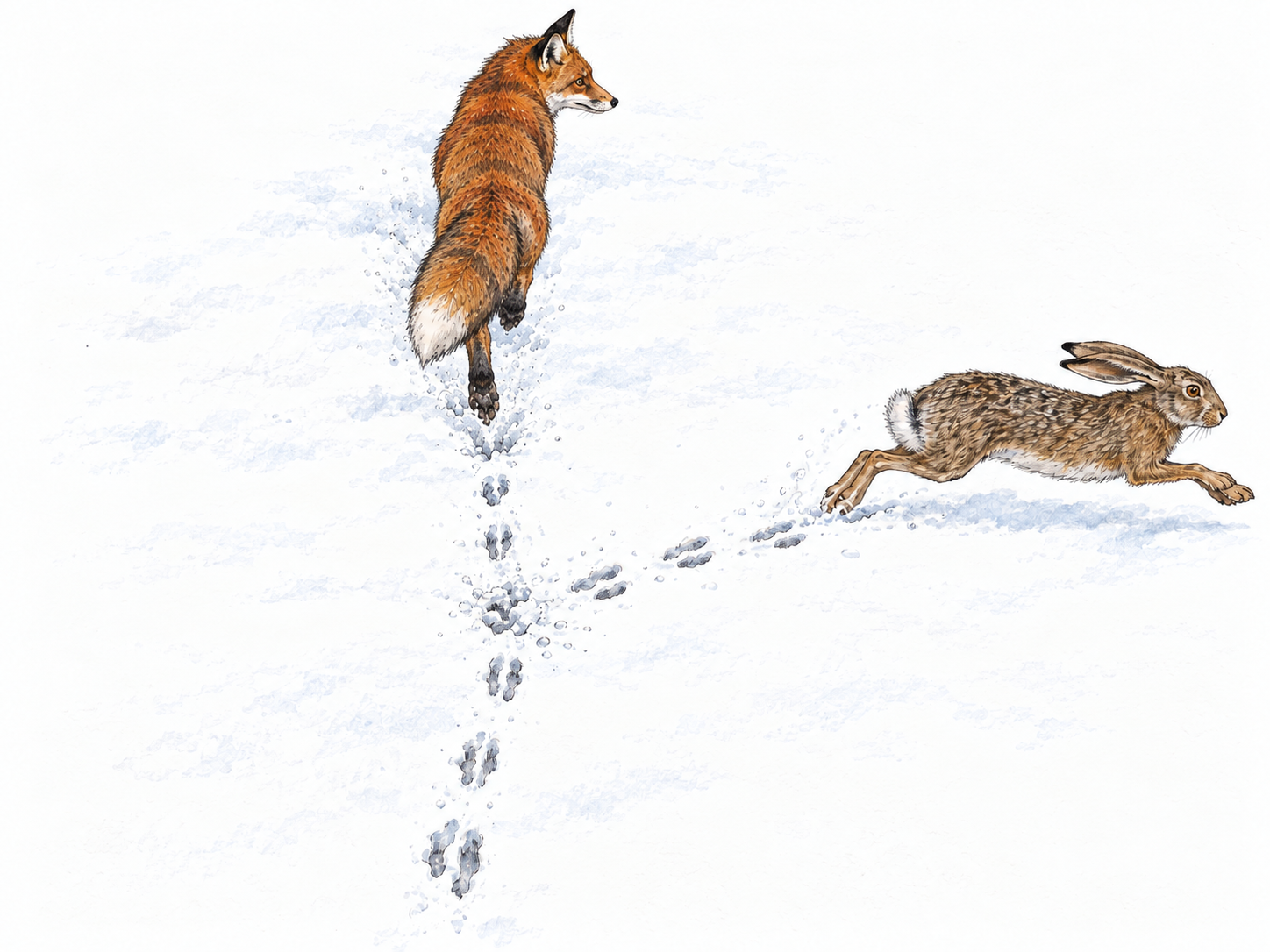 A hare makes a sharp right-angle escape turn while a pursuing fox overshoots straight ahead.
