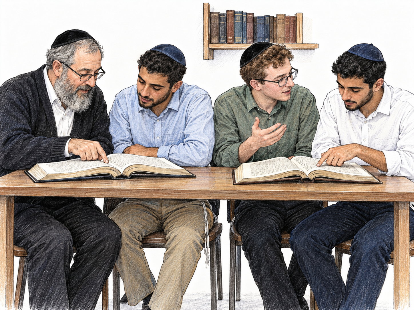 A small contemporary Orthodox yeshiva study group: a teacher guides three young adult male students studying large religious volumes at a shared table.