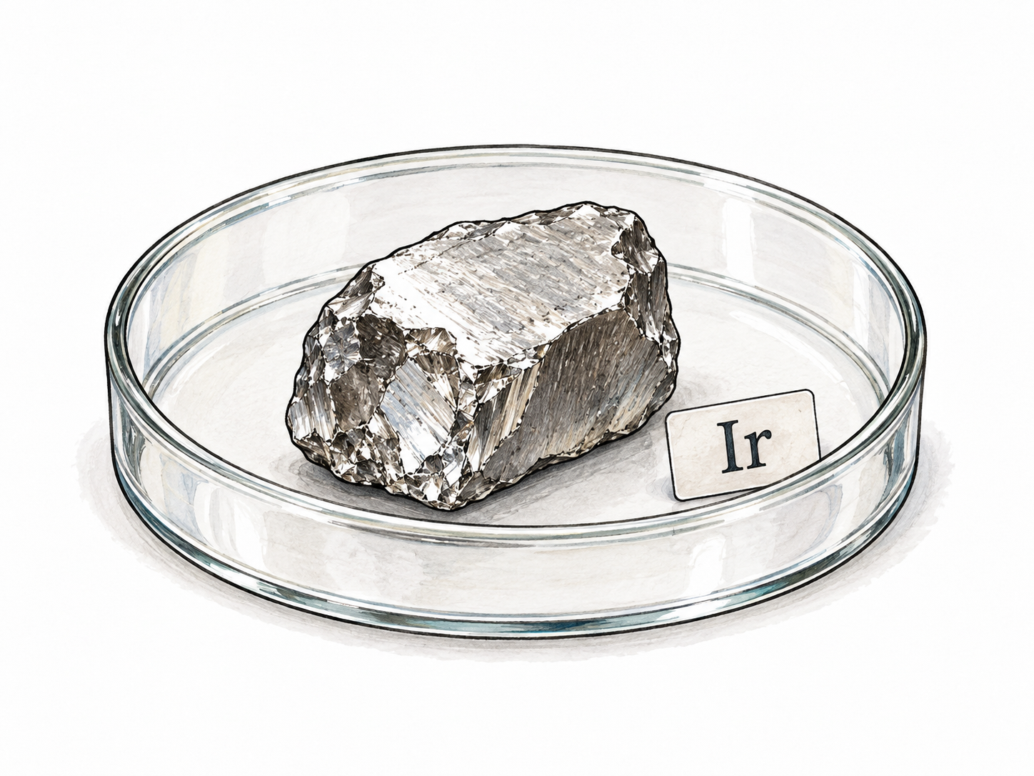 Small dense-looking silvery-white metal sample in a plain specimen dish with only essential functional element label 'Ir'; no rainbow-colored metal.