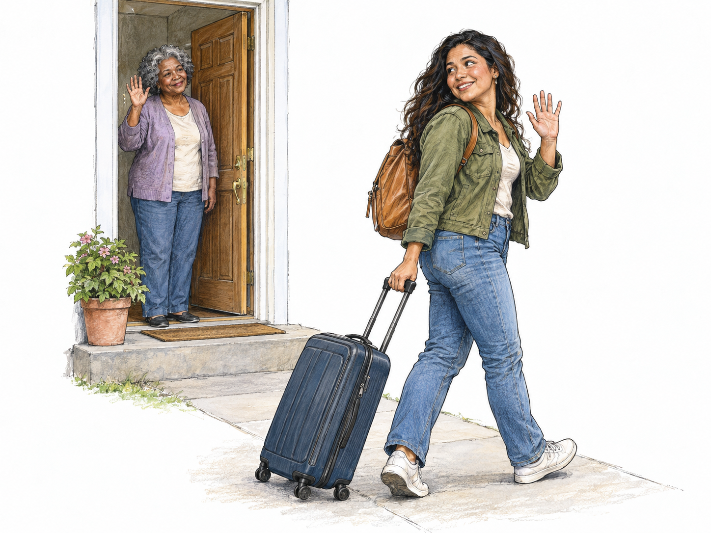 A traveler walking away with a rolling suitcase turns back to exchange farewell waves with an older woman remaining at an open front door.