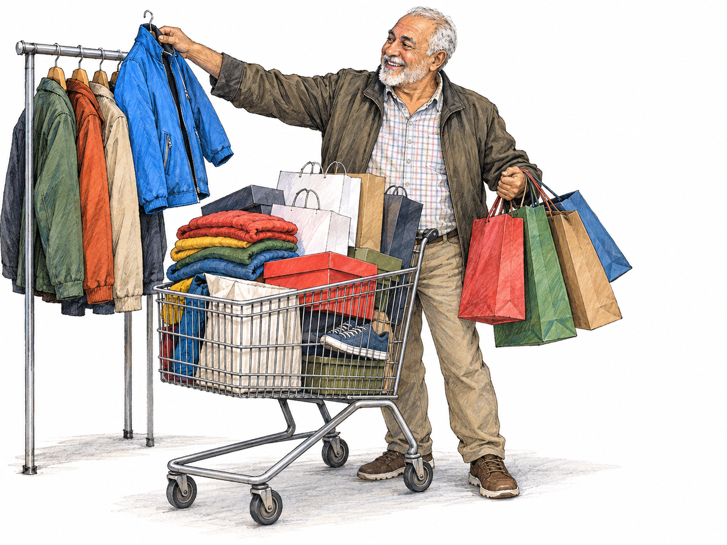 A delighted older shopper on a shopping spree, already laden with purchases and reaching eagerly for another jacket despite his overflowing shopping cart.