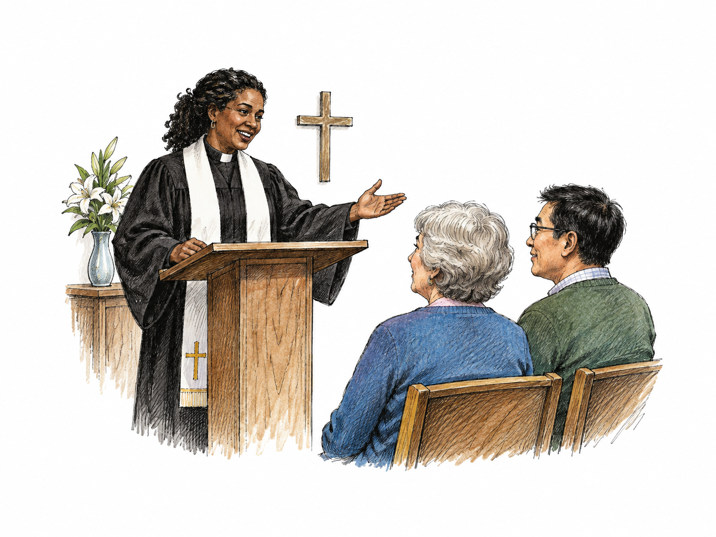 Pastor stands beside simple lectern addressing two seated congregation members with welcoming open hand, pastoral leadership and small cross establish Christian context; no book text or church panorama.