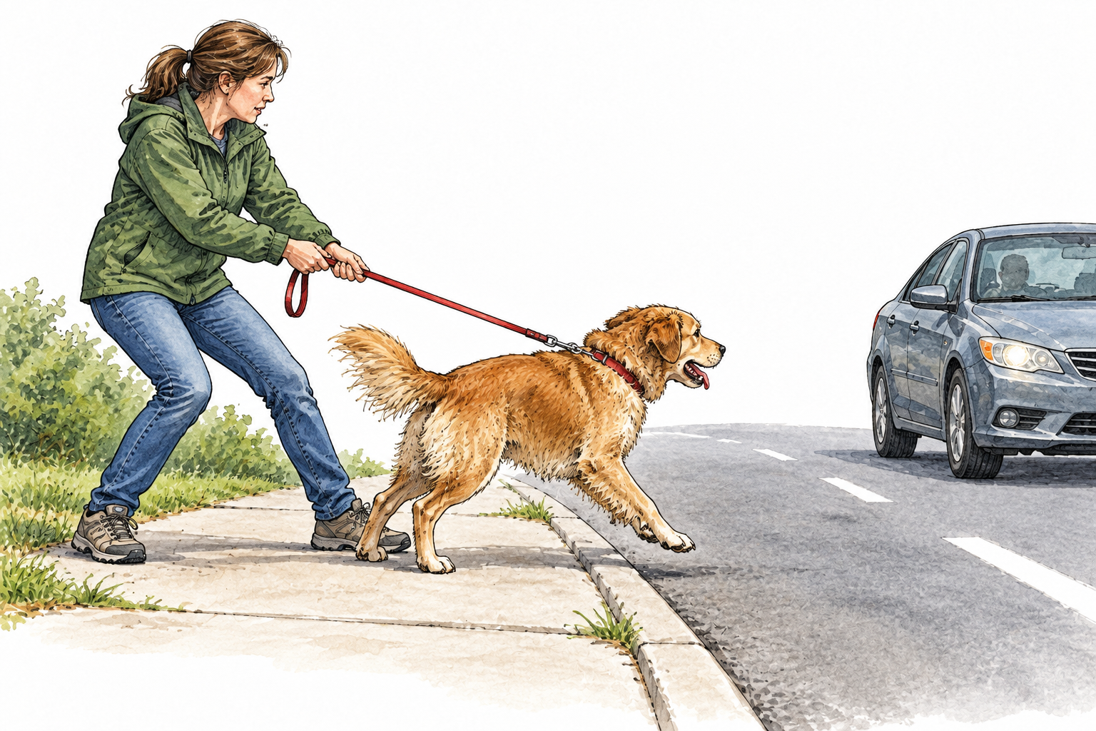 A dog owner firmly holds a leash to prevent an eager dog running into a road, safe clear holding back.