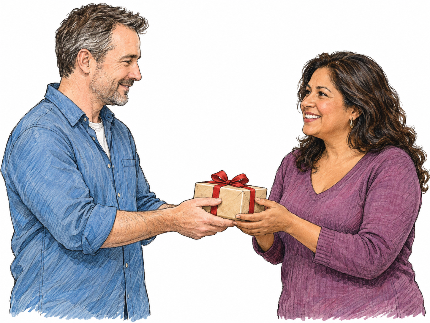 A woman willingly receives a small wrapped gift offered by a man, reaching to take it and saying “Yes, thank you.” The visible handover and brief response establish agreement to receive rather than merely an offer.
