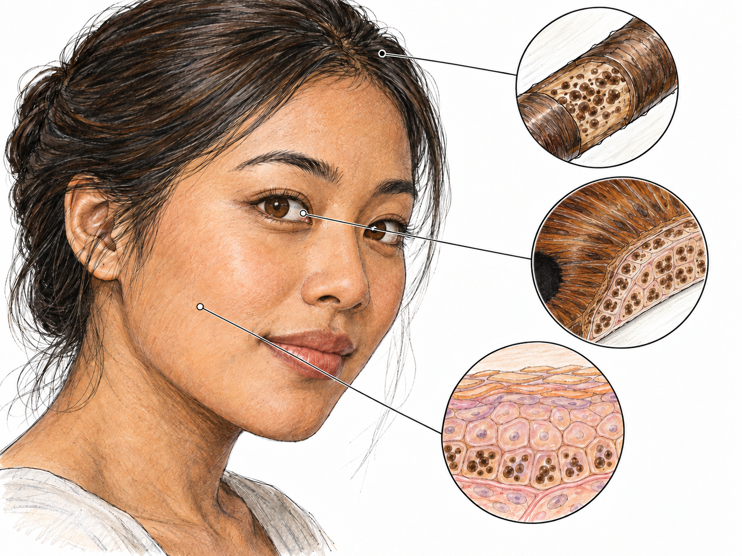A close-up portrait showing brown skin, dark hair, and a brown iris, with three small linked magnifications revealing brown pigment granules within the skin, hair shaft, and iris tissue.