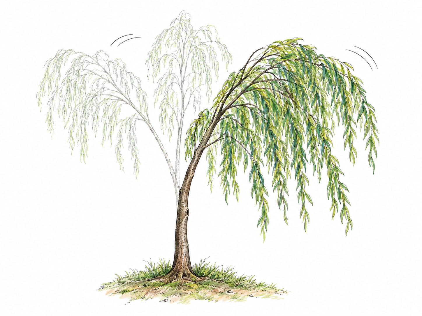 A slender willow gently sways from side to side, its rooted trunk steady below and its flexible crown shown in subtly offset positions.