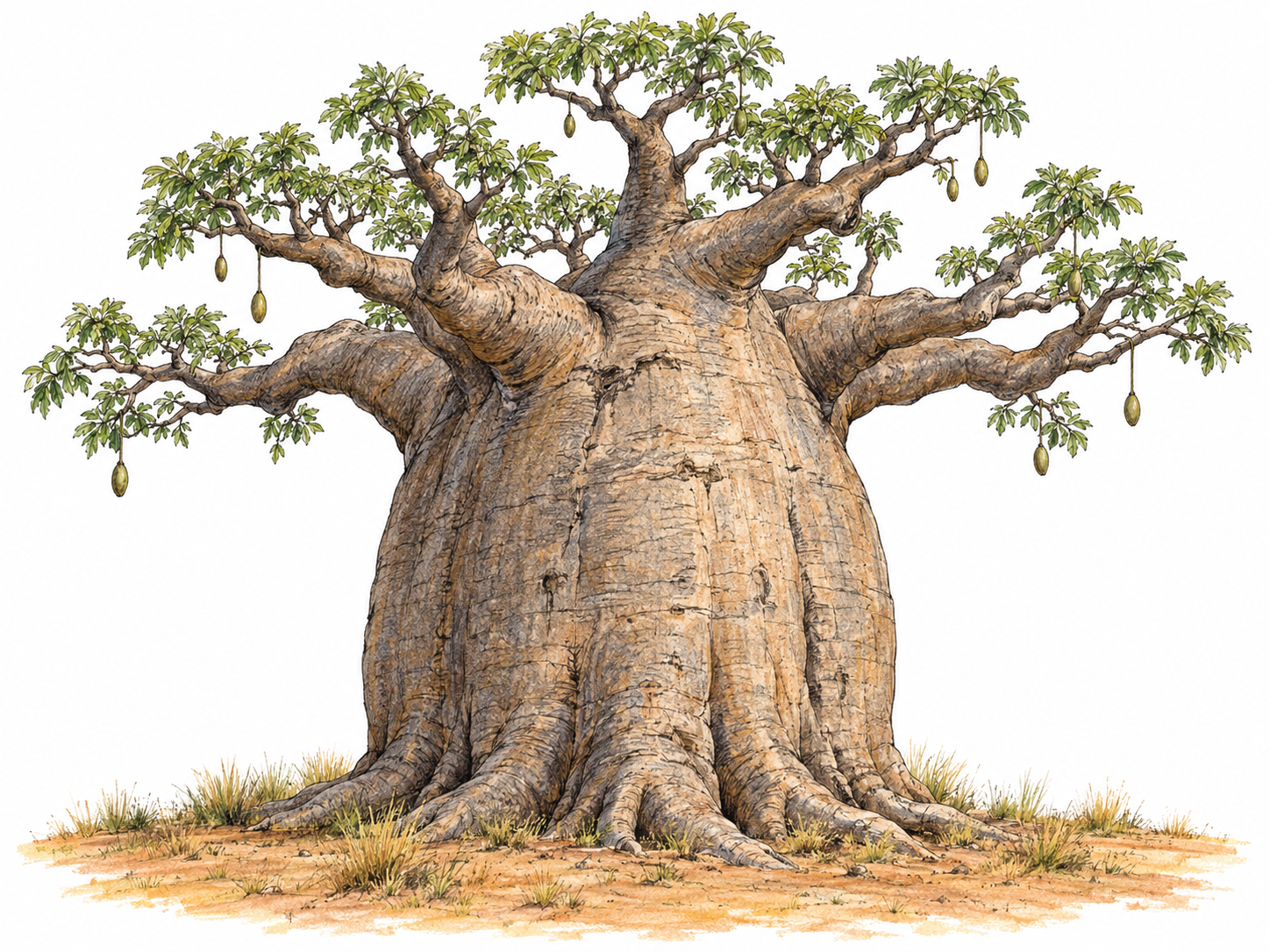 A botanically recognizable baobab with an immense swollen trunk, tapering upper limbs and sparse clusters of palmate leaves, isolated with a small patch of dry tropical ground.