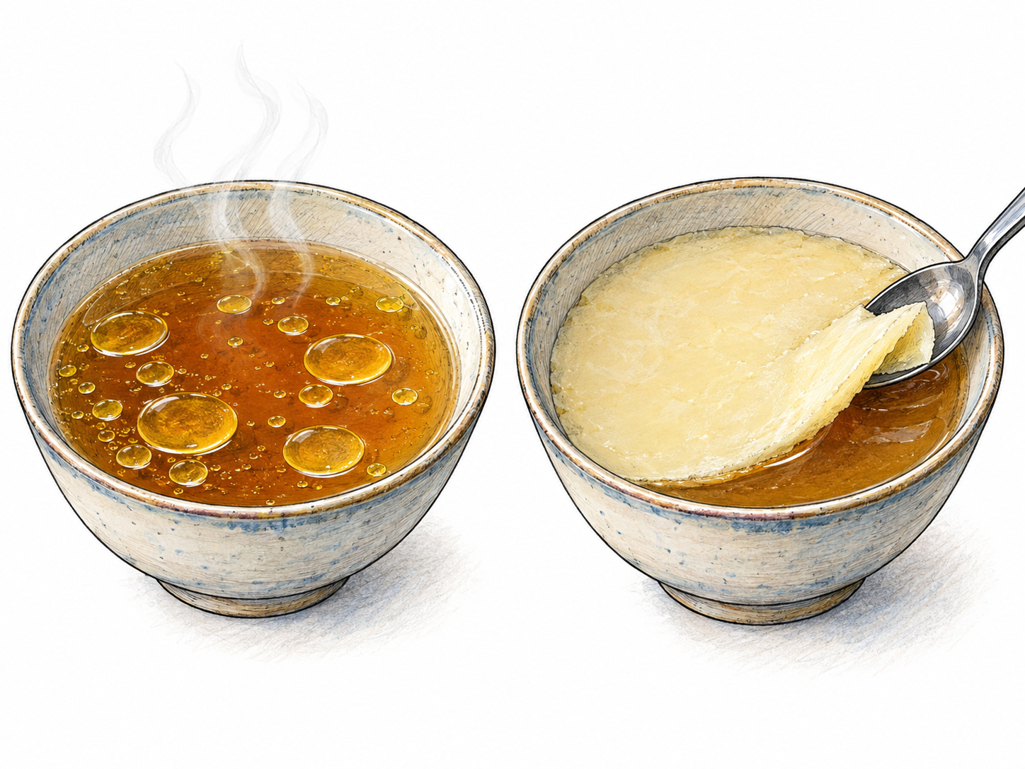 A close paired view of broth before and after cooling: warm broth has scattered liquid golden fat droplets, while cooled broth has a continuous pale, solidified fat layer that a spoon lifts as a firm sheet.