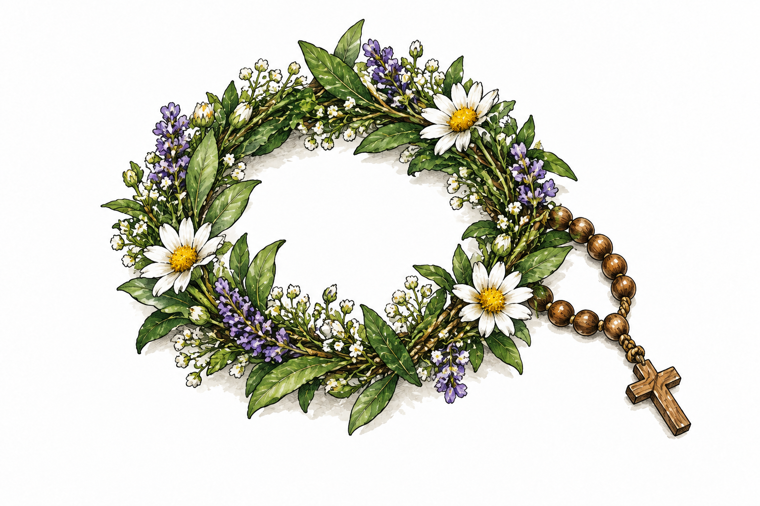 A small circular wreath of fresh leaves and flowers, delicate chaplet.